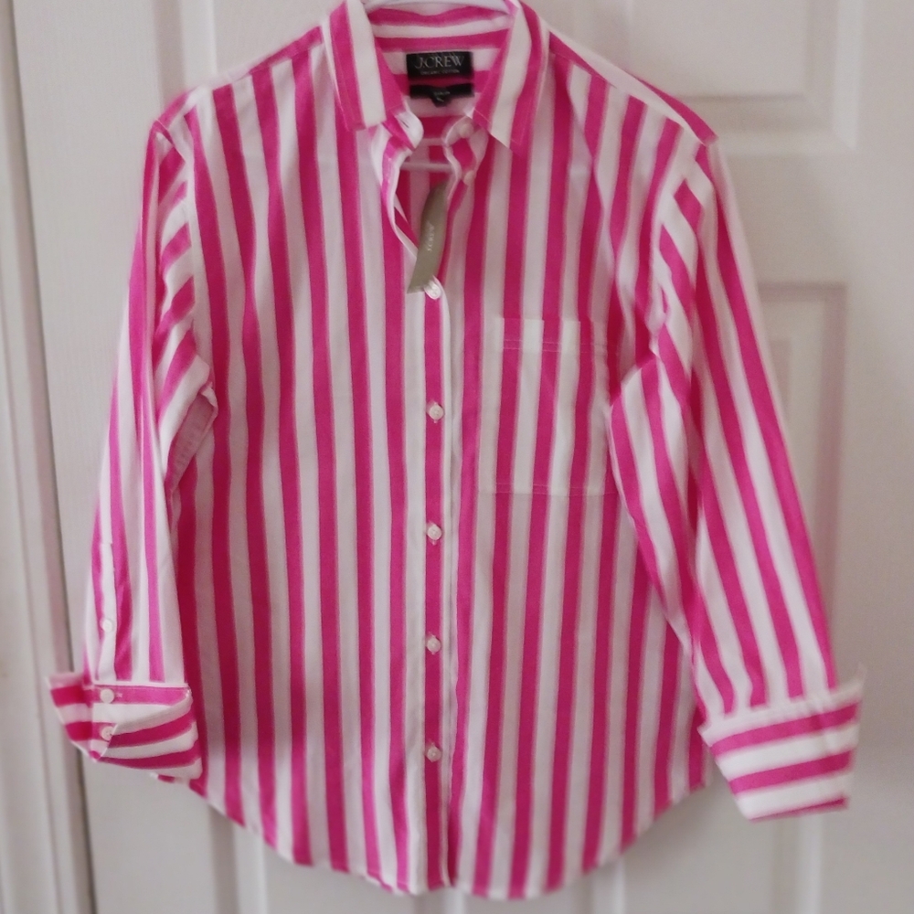 NWT J. Crew Organic Cotton Garcon Hot Pink Striped Shirt. Size 2 (runs large).
